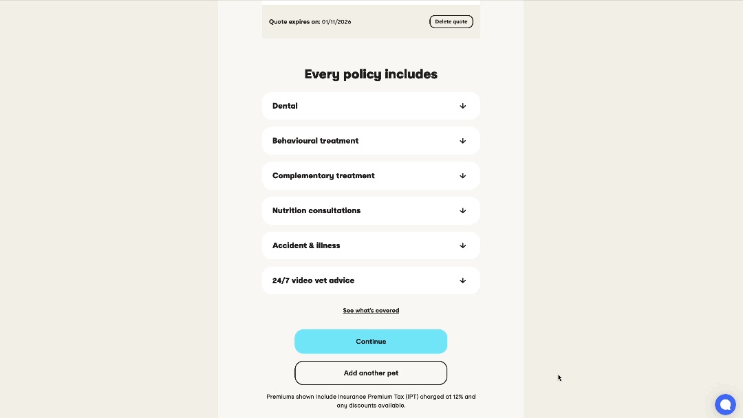 Every policy includes accordions for dental, behavioural treatment, complementary treatment, nutrition consultations, accident and illness, and 24/7 video vet advice.